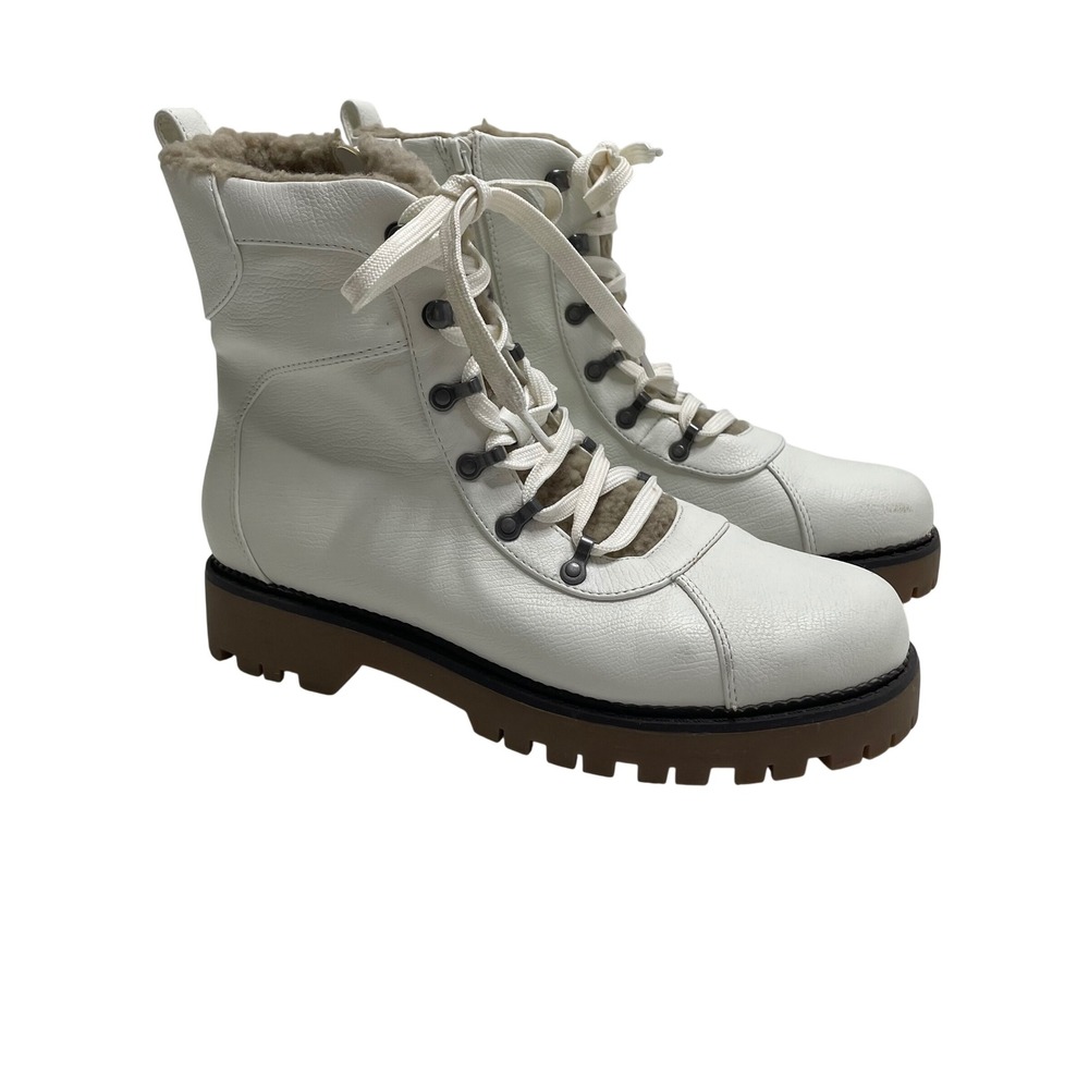 Style & Co White Faux Fur Trim Hiker Biker Boots Size 9.5M Lug Sole Trail Gorp